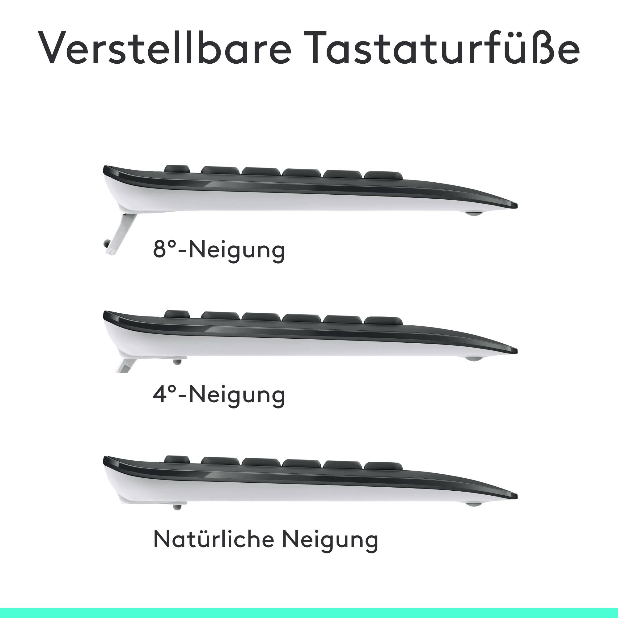 Drei seitliche Ansichten einer Tastatur mit unterschiedlichen Neigungen: 8°-, 4°-Neigung und natürliche Neigung.