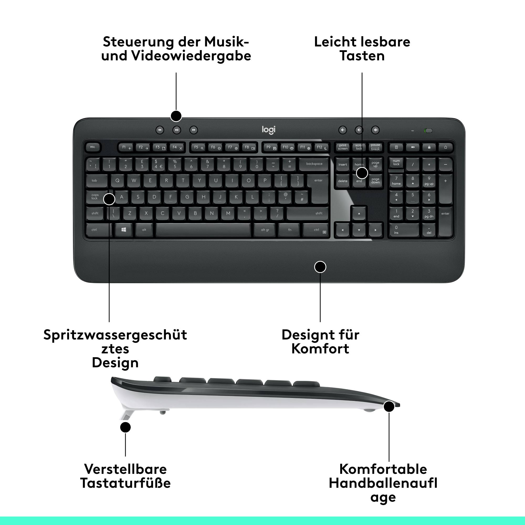 Logitech MK540 Advanced Funk Tastatur, Maus-Set Handballenauflage Deutsch, QWERTZ Schwarz
