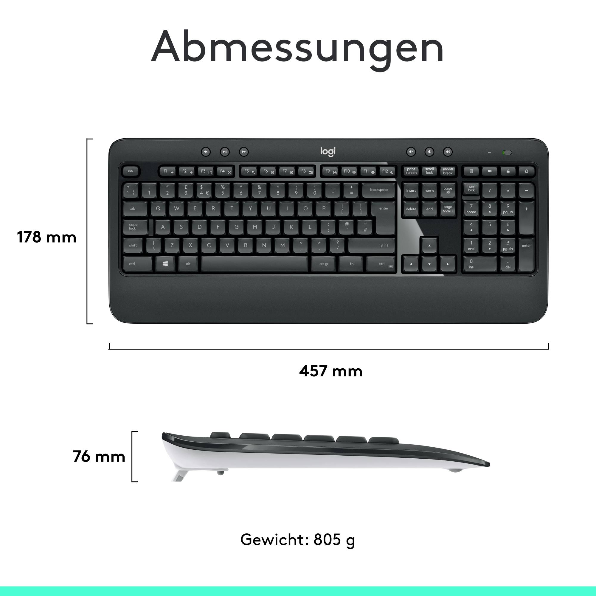 Die Abbildung zeigt eine schwarze Leertaste von Logitech. Maße: 178 mm hoch, 457 mm breit, 76 mm tief. Gewicht: 805 g.