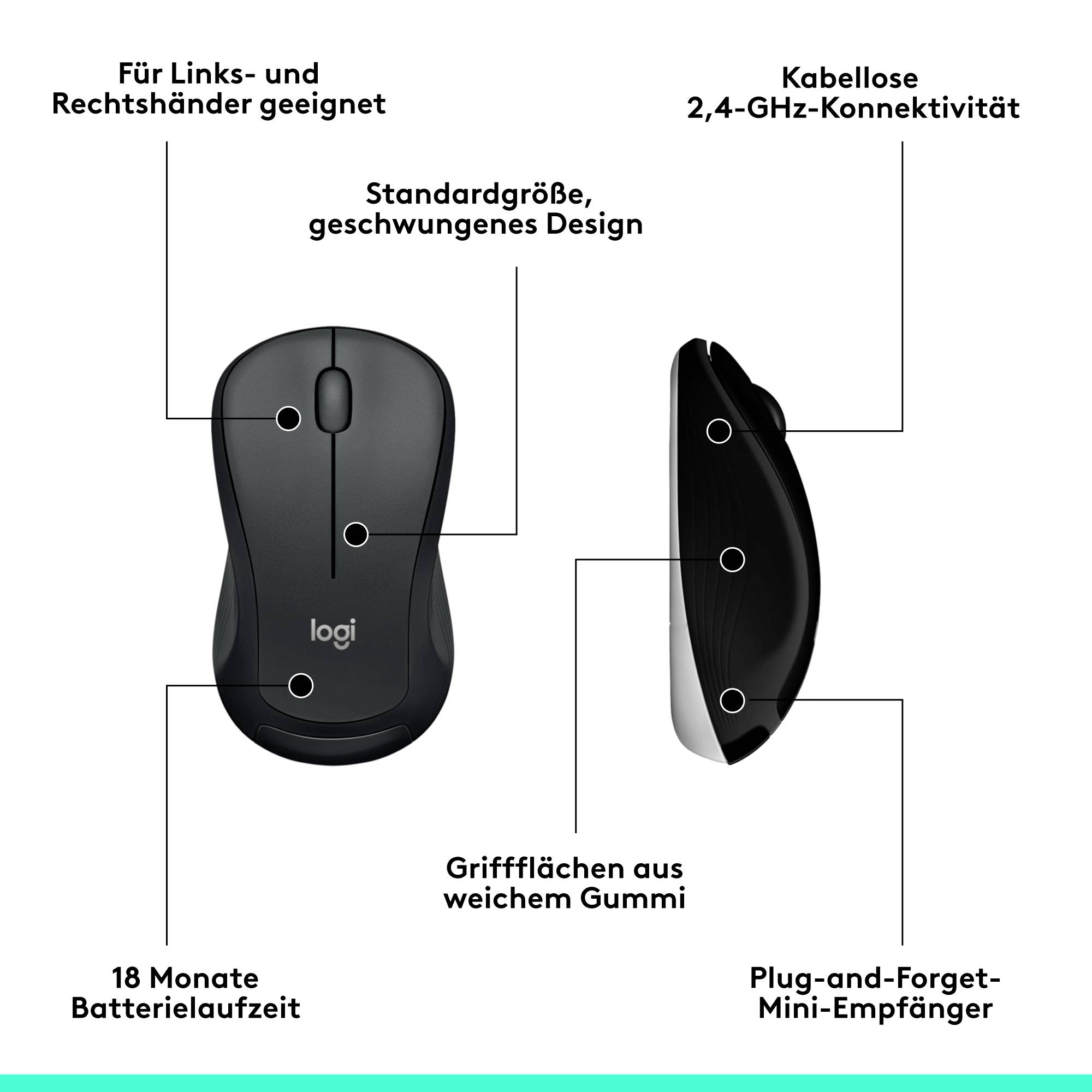 Maus mit drahtloser 2,4-GHz-Konnektivität, geeignet für Links- und Rechtshänder, ergonomisches Design, weiche Gummi-Griffflächen.