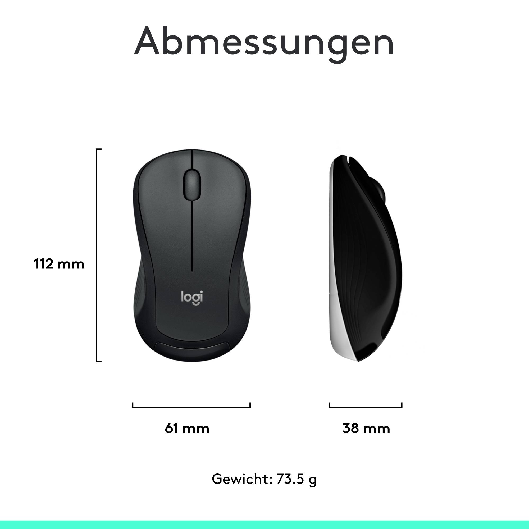Abmessungen einer kabellosen Maus: Länge 112 mm, Breite 61 mm, Höhe 38 mm, Gewicht 73,5 g.