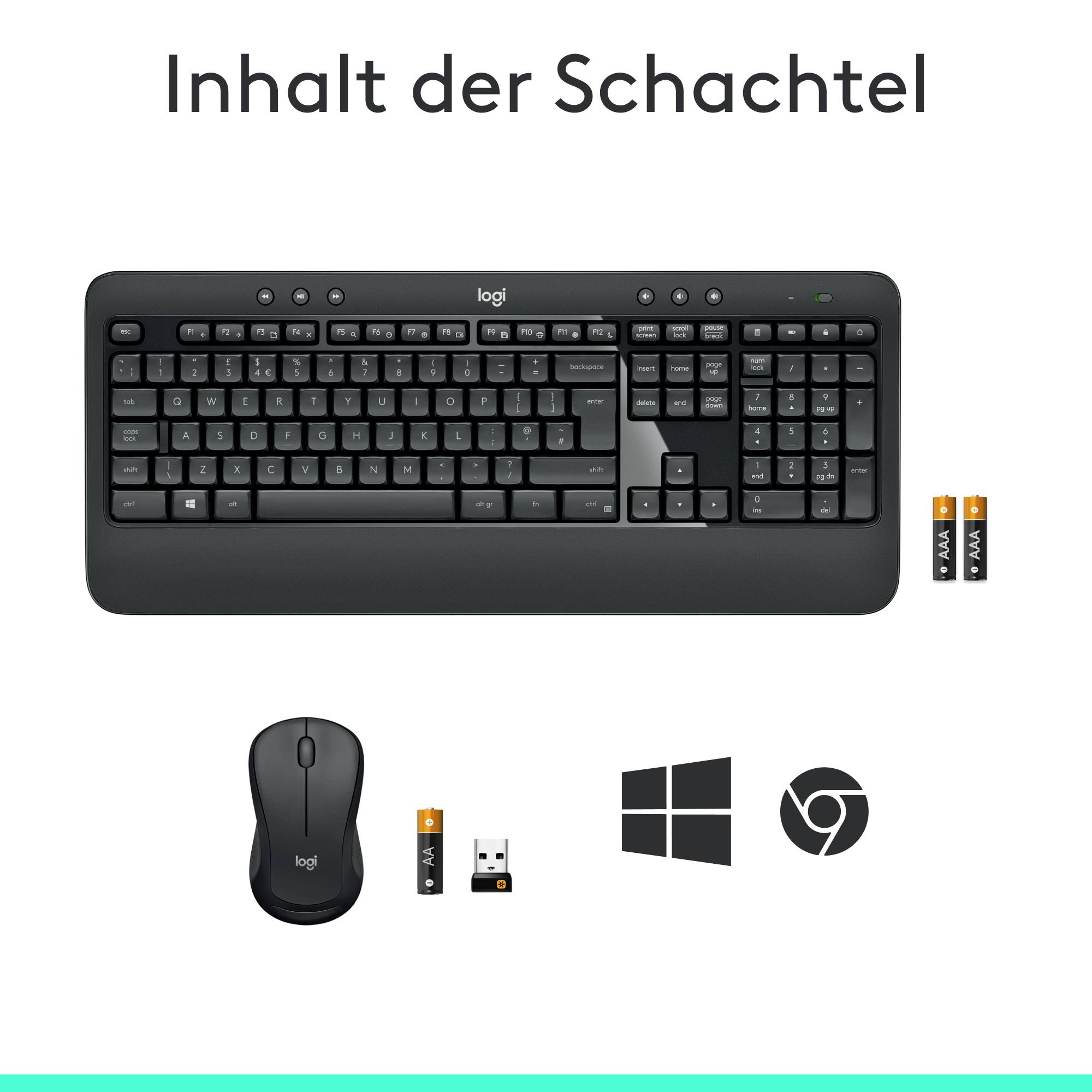 Logitech MK540 Advanced Funk Tastatur, Maus-Set Handballenauflage Deutsch, QWERTZ Schwarz