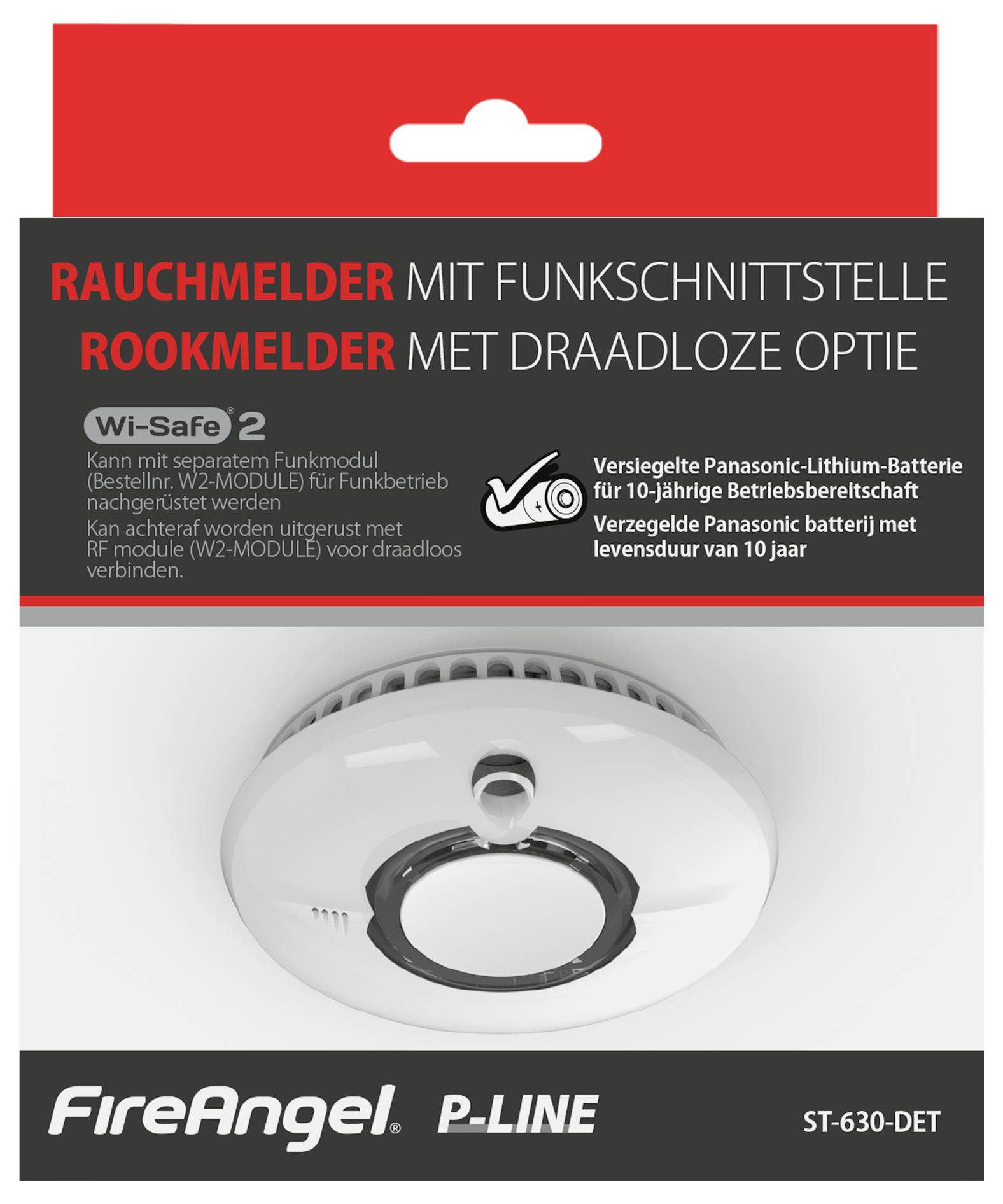 FireAngel P-Line Rauchmelder mit Funkschnittstelle. Zur Nutzung mit Wi-Safe 2 Funkschnittstelle (optional). Batterie-Lebensdauer: 10 Jahre.