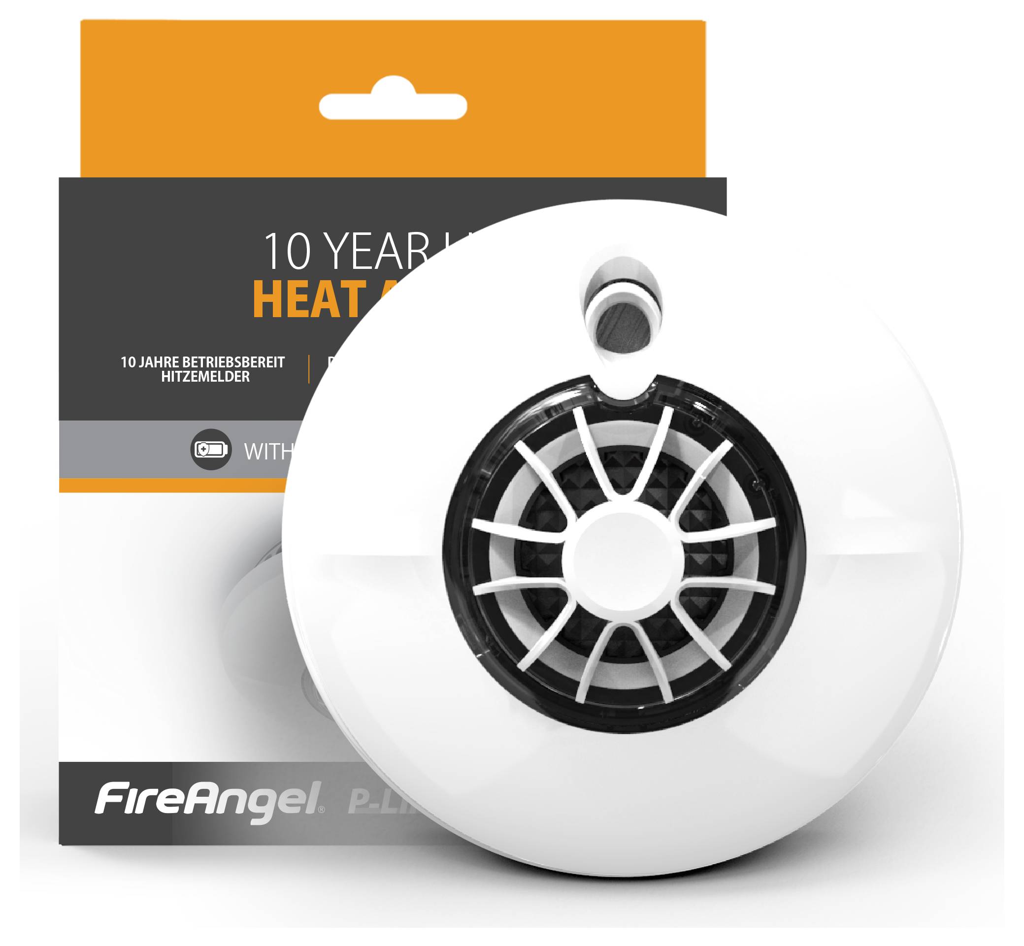 Hitzemelder vor Verpackung. Verpackungstext: '10 Jahre' und 'Hitzemelder'. Produkt der Marke FireAngel.