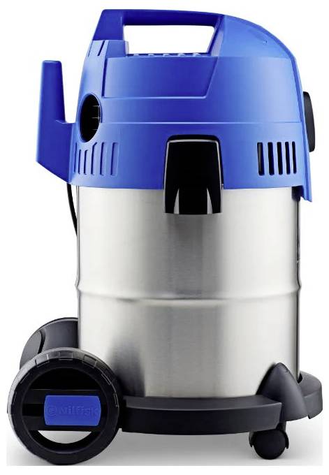 Ein blau-grauer industrieller Staubsauger mit großen Rädern und einem robusten Griff, konzipiert für anspruchsvolle Reinigungsaufgaben.