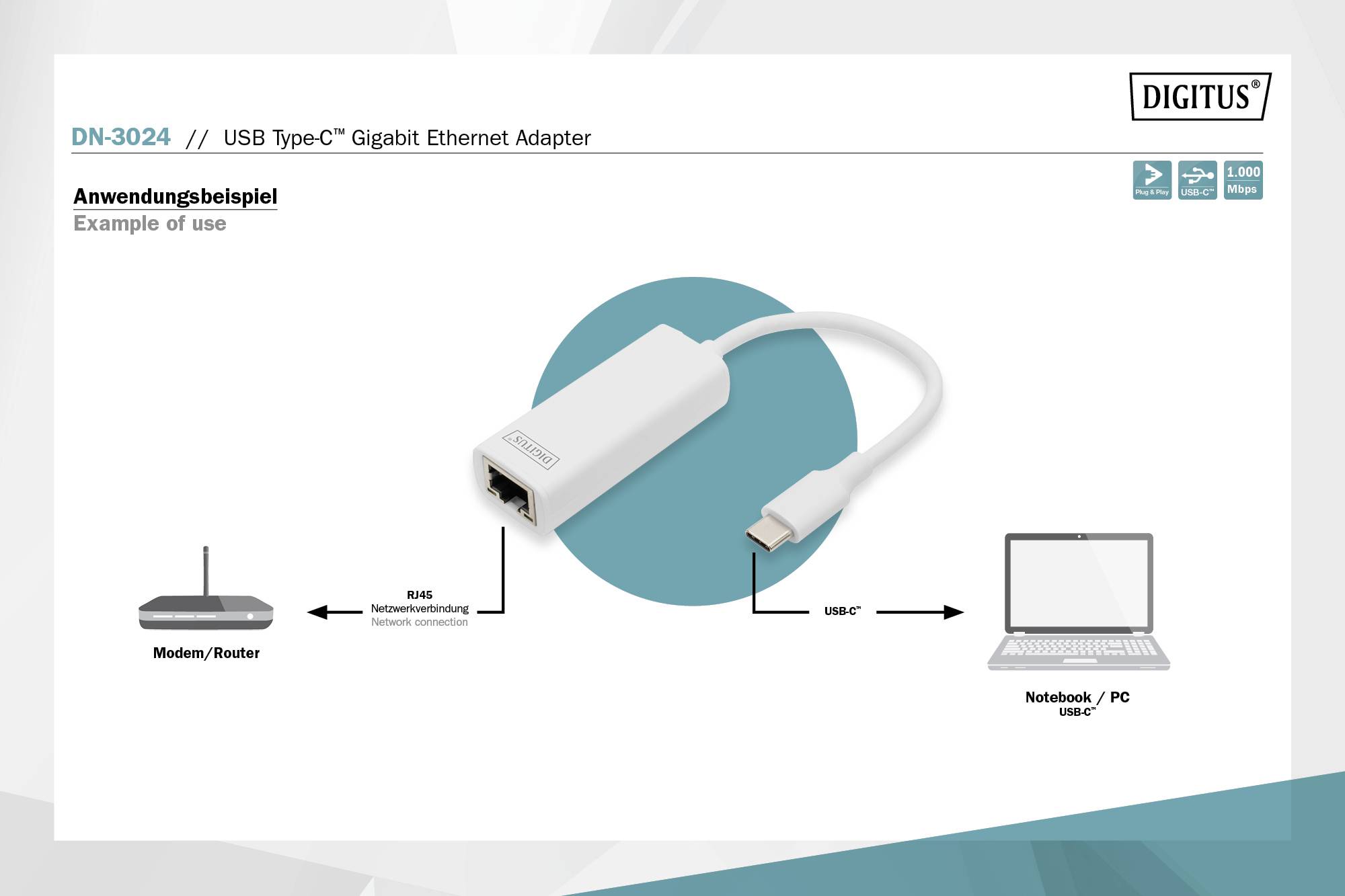 Diagramm eines USB Type-C Gigabit Ethernet Adapters. Es zeigt die Verbindung vom Modem/Router über den Adapter zu Notebook/PC.