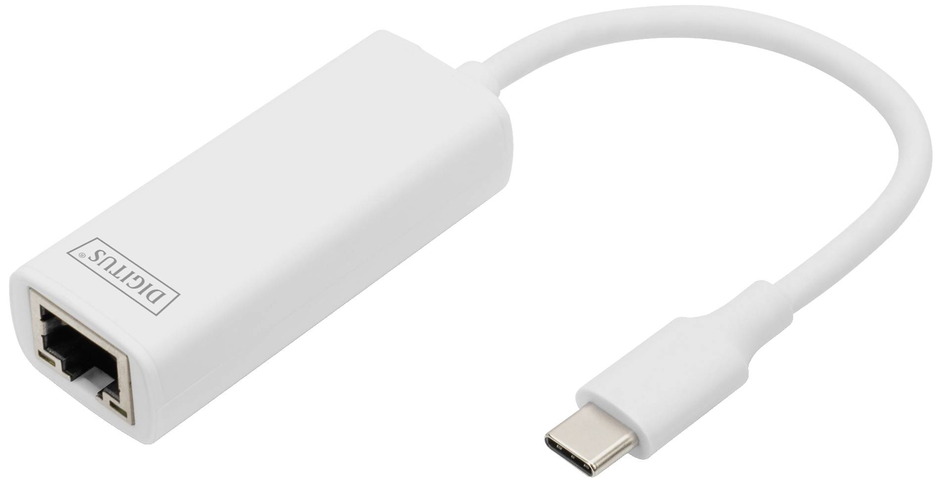 Ein weißer USB-C-zu-Ethernet-Adapter, der eine kabelgebundene Internetverbindung für Geräte mit USB-C-Anschluss ermöglicht.