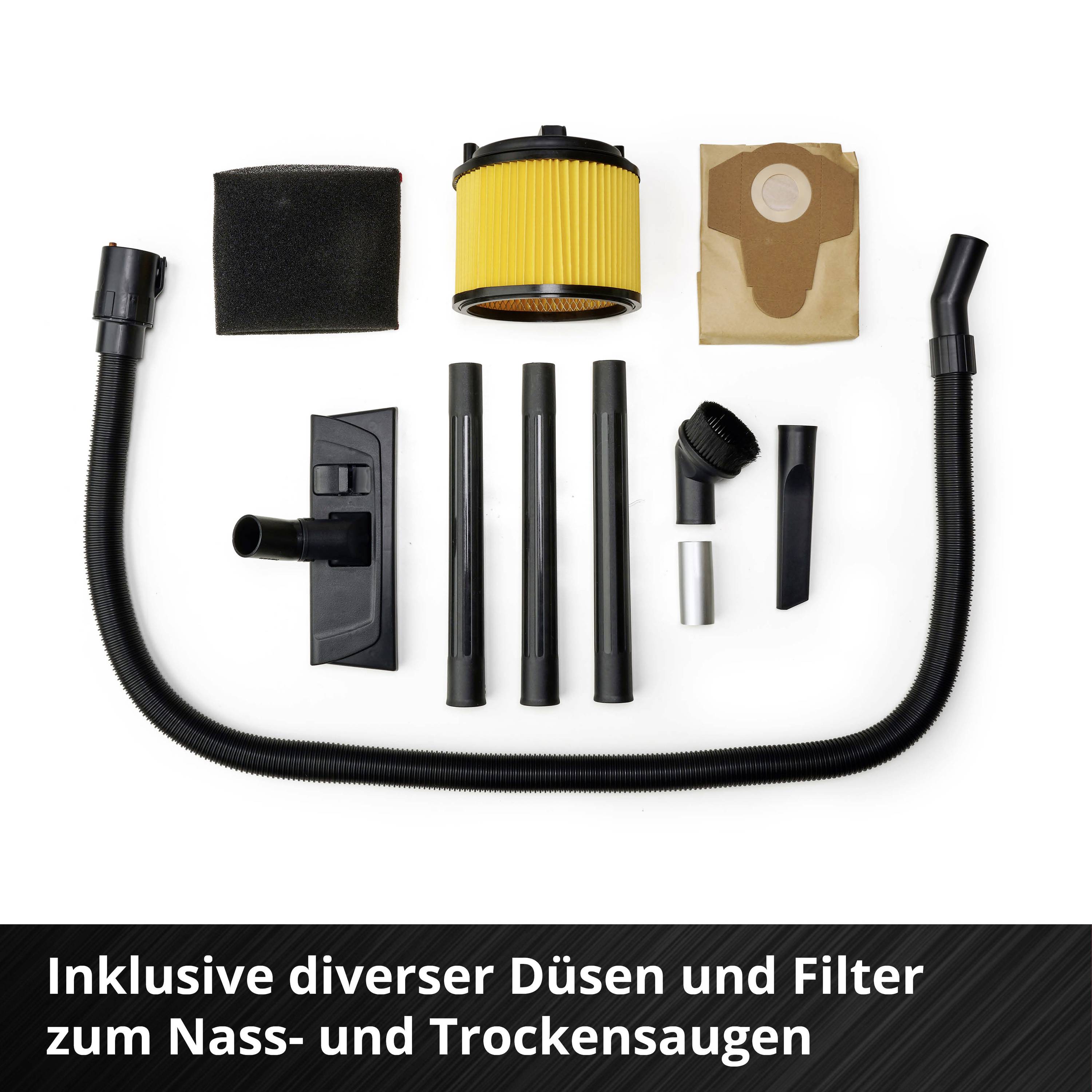 Ein Satz mit verschiedenen Düsen und Filtern für Nass- und Trockensauger. Enthält Schlauch, Filter und Zubehörteile.