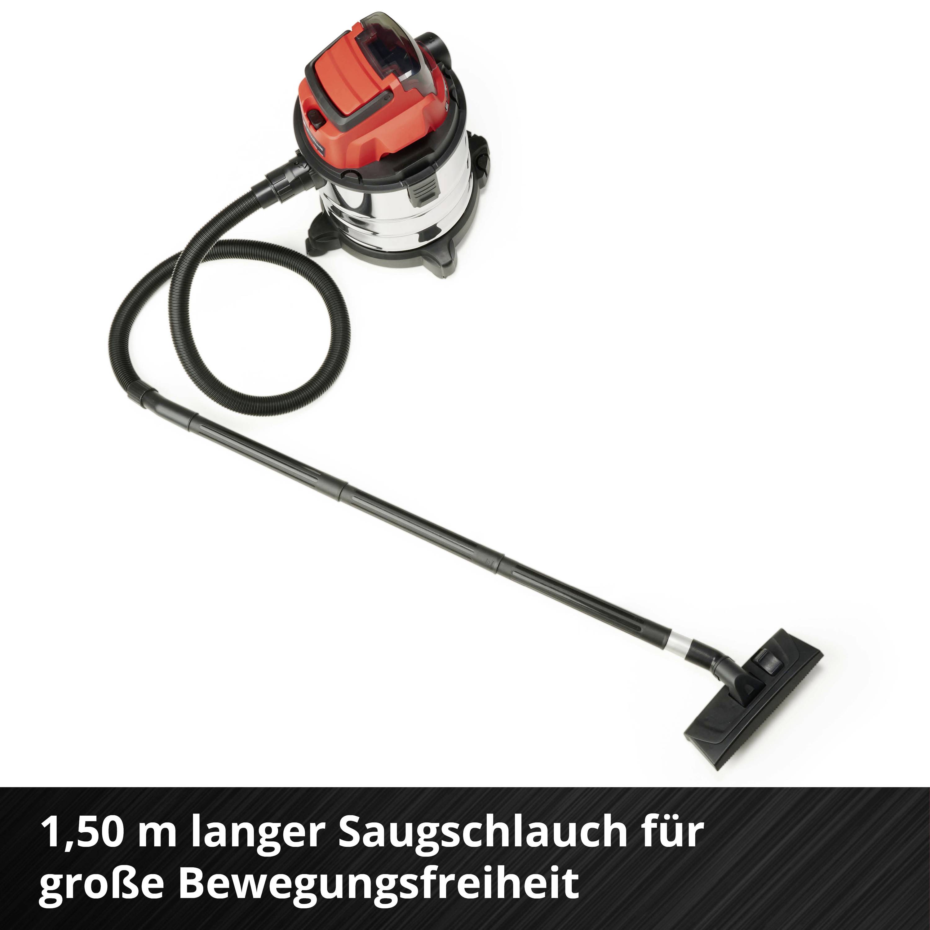 Industriestaubsauger mit rotem und schwarzem Design und 1,50 m langem Saugschlauch für große Bewegungsfreiheit.