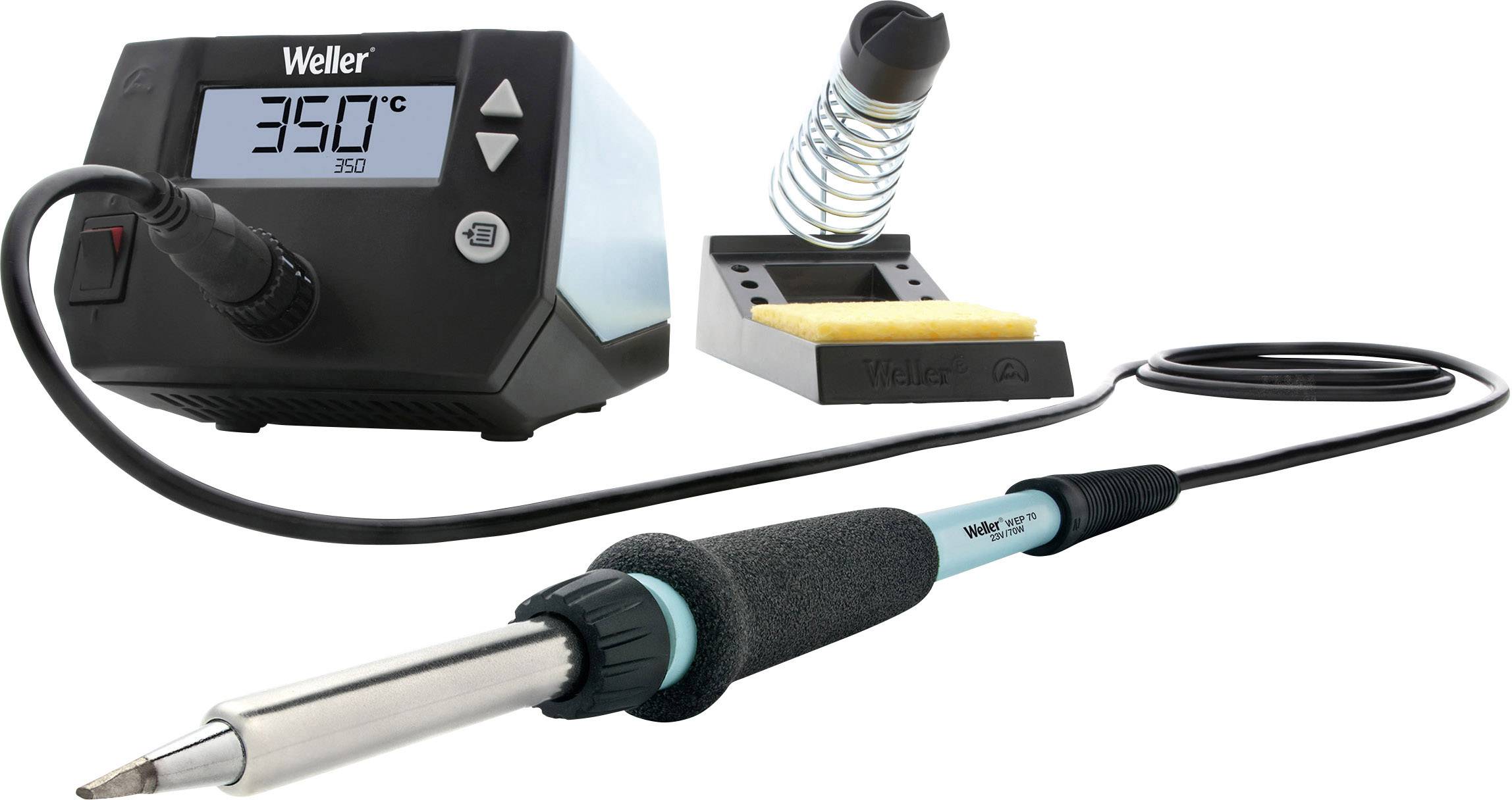 Lötkolben-Set mit digitaler Station, zeigt '350°C' an. Kabel ist verbunden, Lötkolben liegt auf Ablage. Geeignet für präzises Löten.