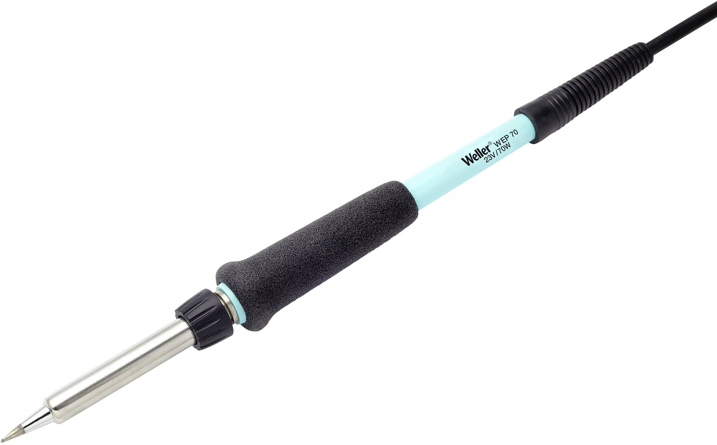 Lötkolben mit schwarzem Griff und silberner Spitze, blauem Gehäuse, Kabel am Ende; dient zum Löten elektronischer Bauteile.