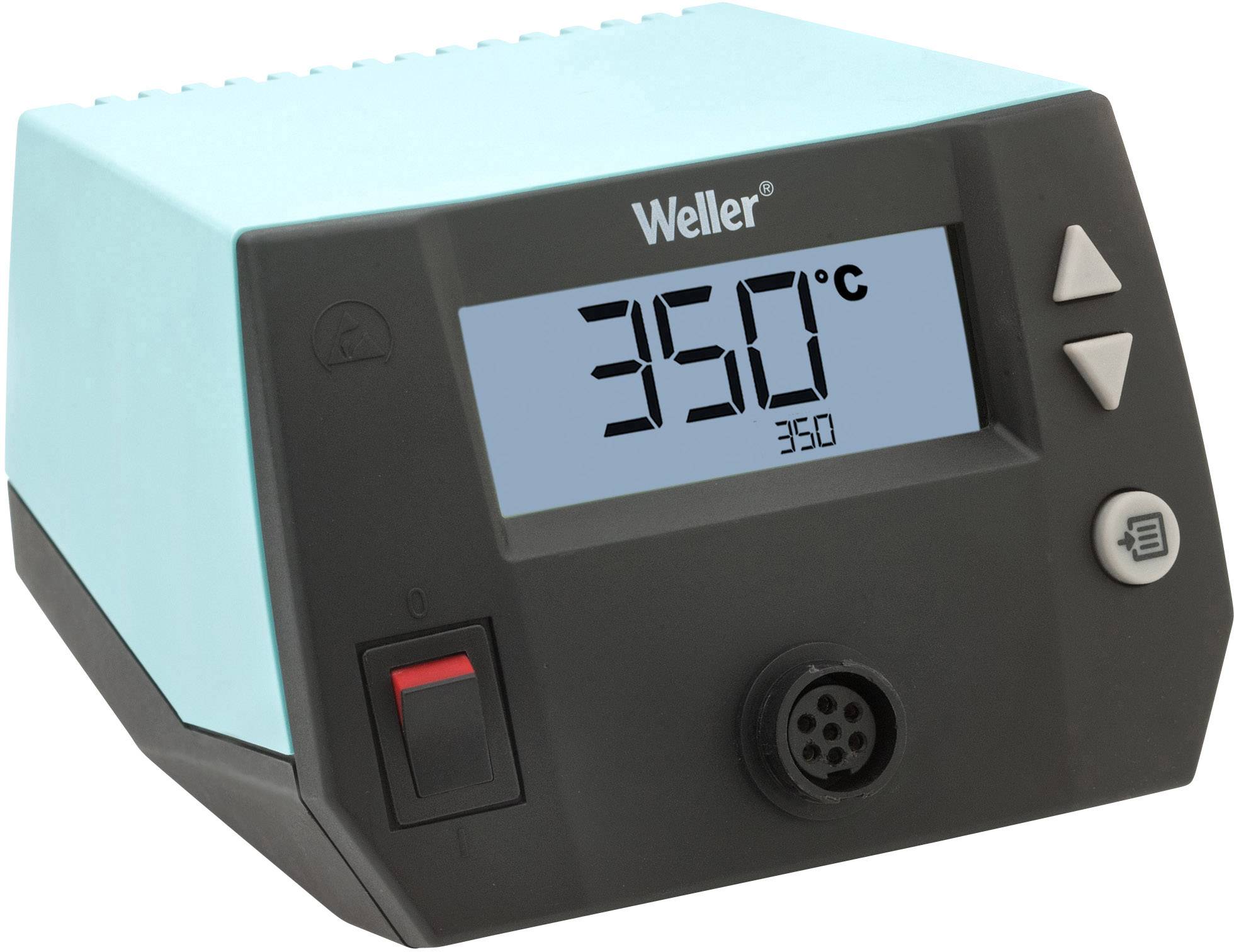 Ein Lötkolbensteuergerät von Weller mit einem Display, das 350°C anzeigt. Ein/Aus-Schalter und Drehregler sind sichtbar.