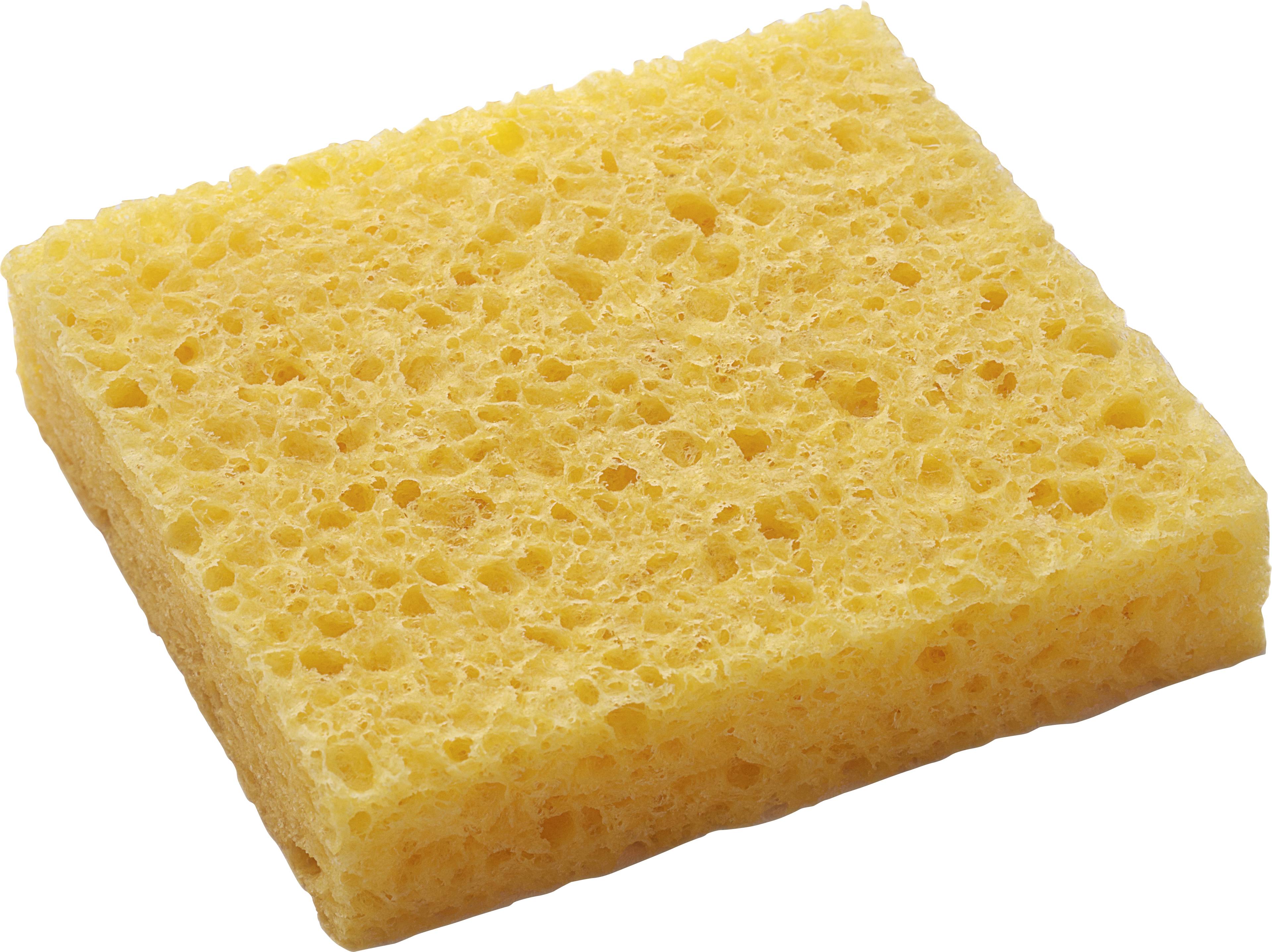 Ein gelber, quadratischer Reinigungsschwamm mit poröser Oberfläche. Verwendet zum Reinigen oder Aufsaugen von Flüssigkeiten.