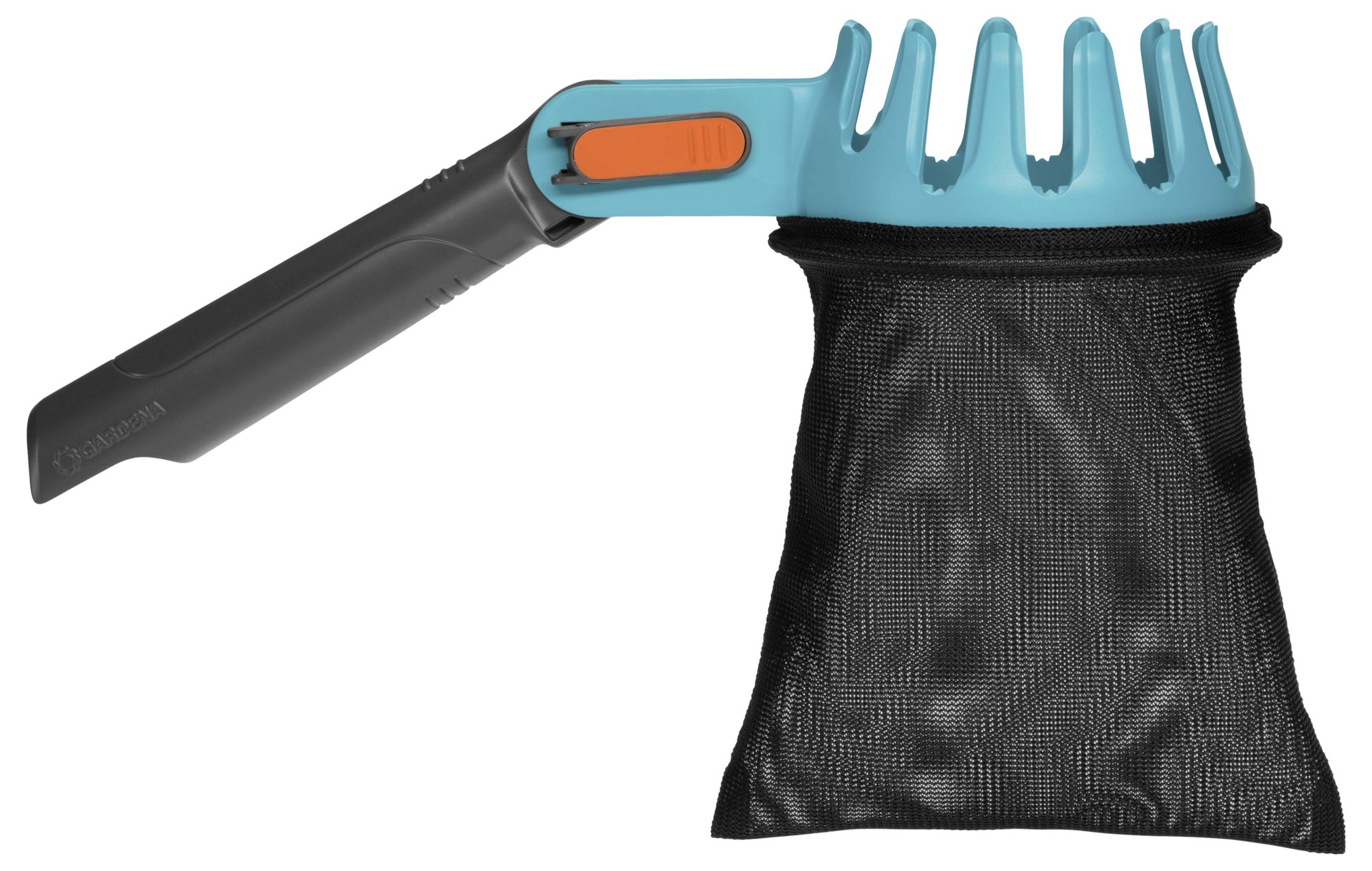 Ein Gartengerät mit einem blauen Griff und einer schwarzen Auffangtasche, verwendet zum Pflücken von Früchten.
