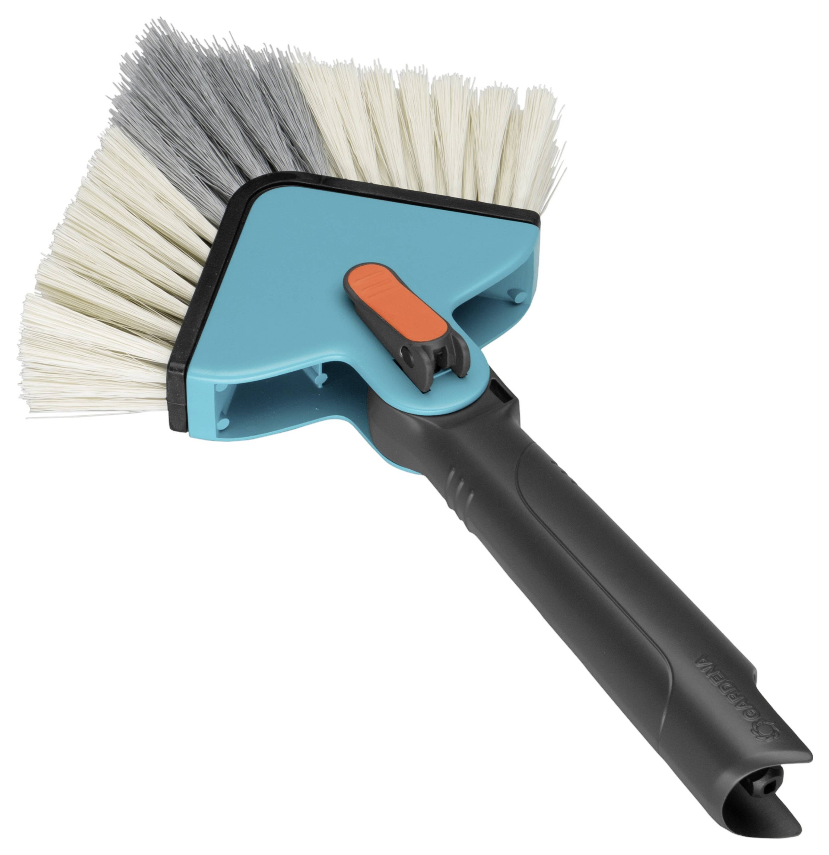 Ein dreieckiger Handfeger mit abgewinkeltem Kopf, blauen Borsten und schwarzem Griff. Ideal für Eckenreinigung.