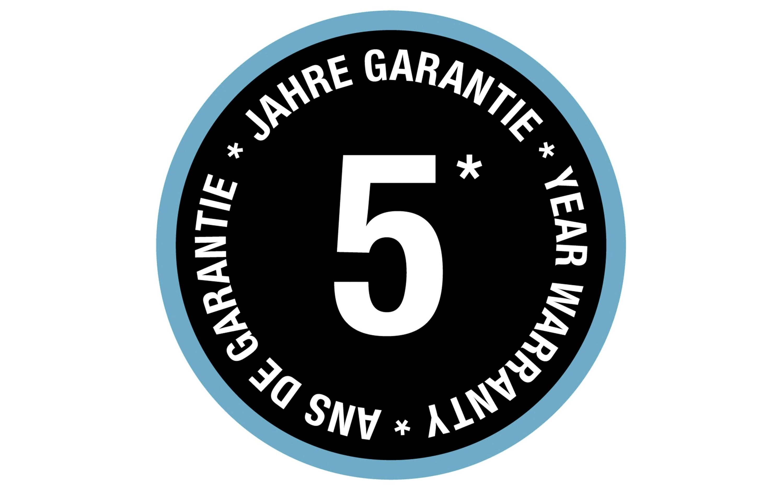 Abzeichen mit der Aufschrift '5 Jahre Garantie' in mehreren Sprachen auf schwarzem Hintergrund mit blauem Rand.