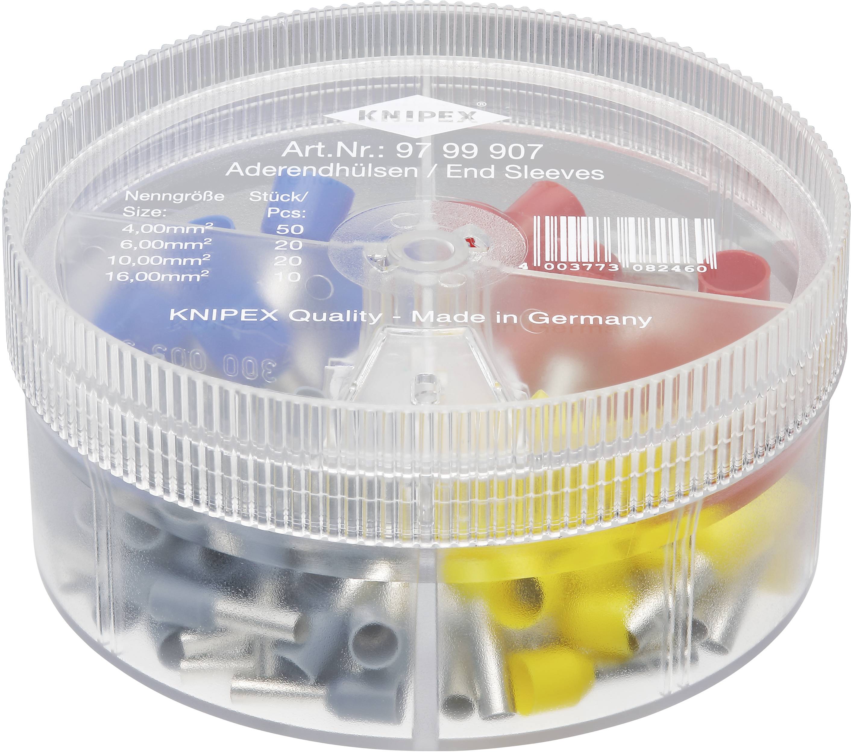 Runde Plastikbox von Knipex mit Aderendhülsen in verschiedenen Farben und Größen. Enthält 190 Stück; 'Made in Germany'.