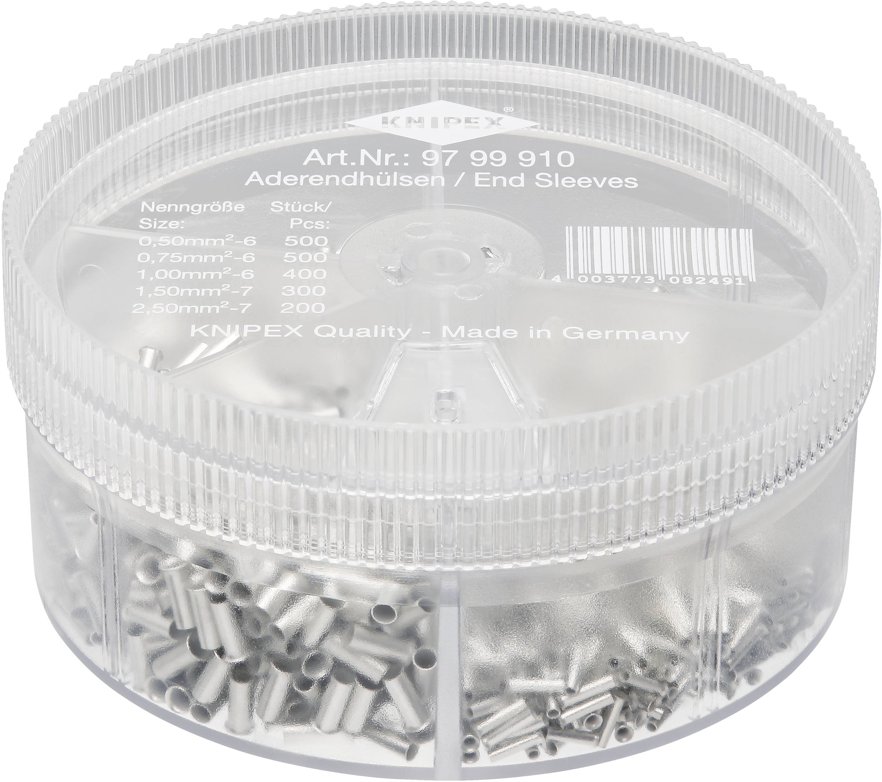 Durchsichtige Kunststoffdose mit Aderendhülsen verschiedener Größen. Aufdruck zeigt Artikelnummer und Stückzahl pro Größe.