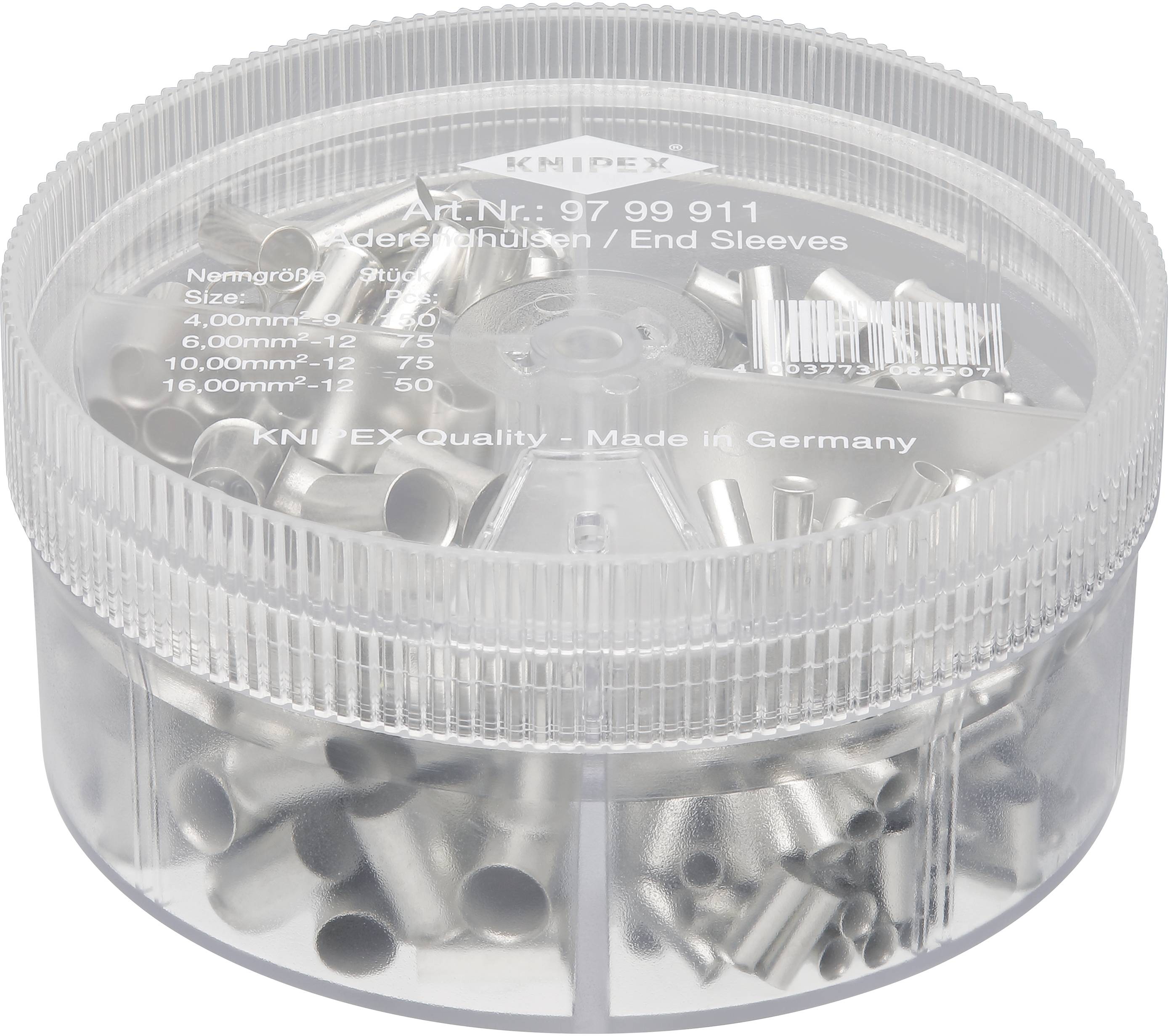 Transparente Kunststoffdose mit silbernen Aderendhülsen verschiedener Größen, auf dem Deckel sind Artikelnummer und Größenangaben aufgedruckt.