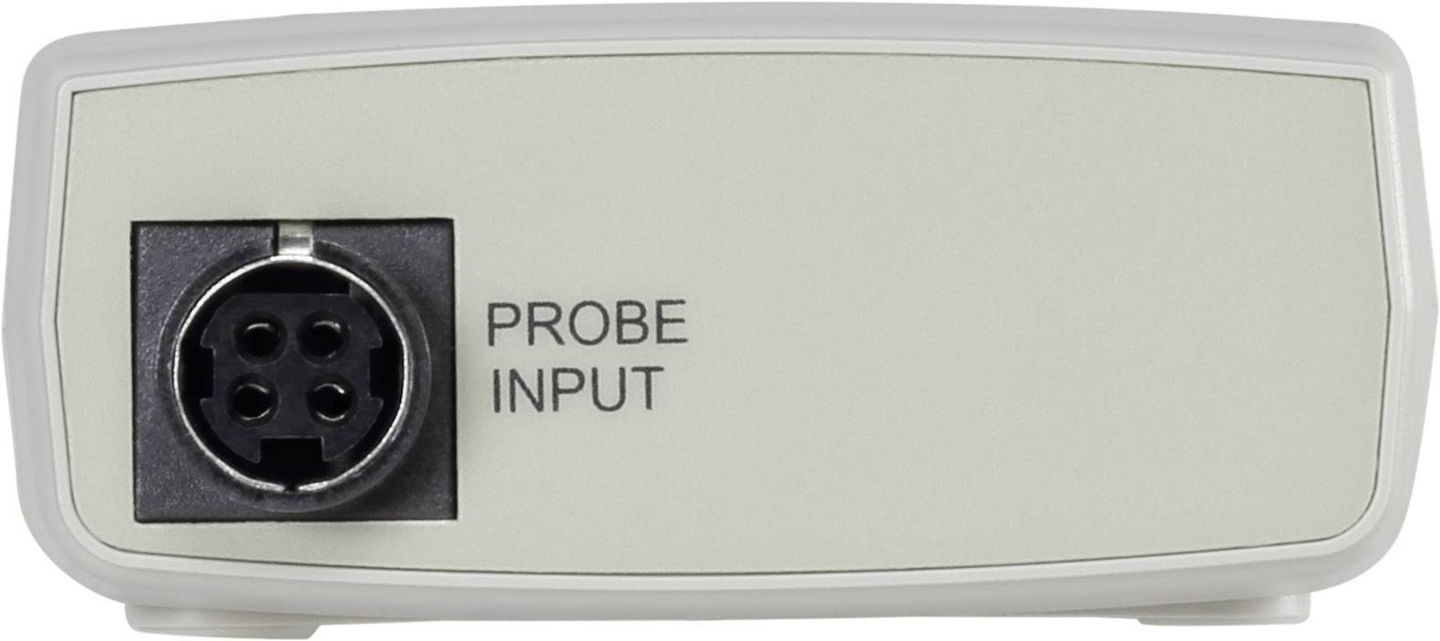 Die Vorderseite eines elektrischen Geräts mit der Aufschrift 'PROBE INPUT' und einer runden Steckverbindung links.