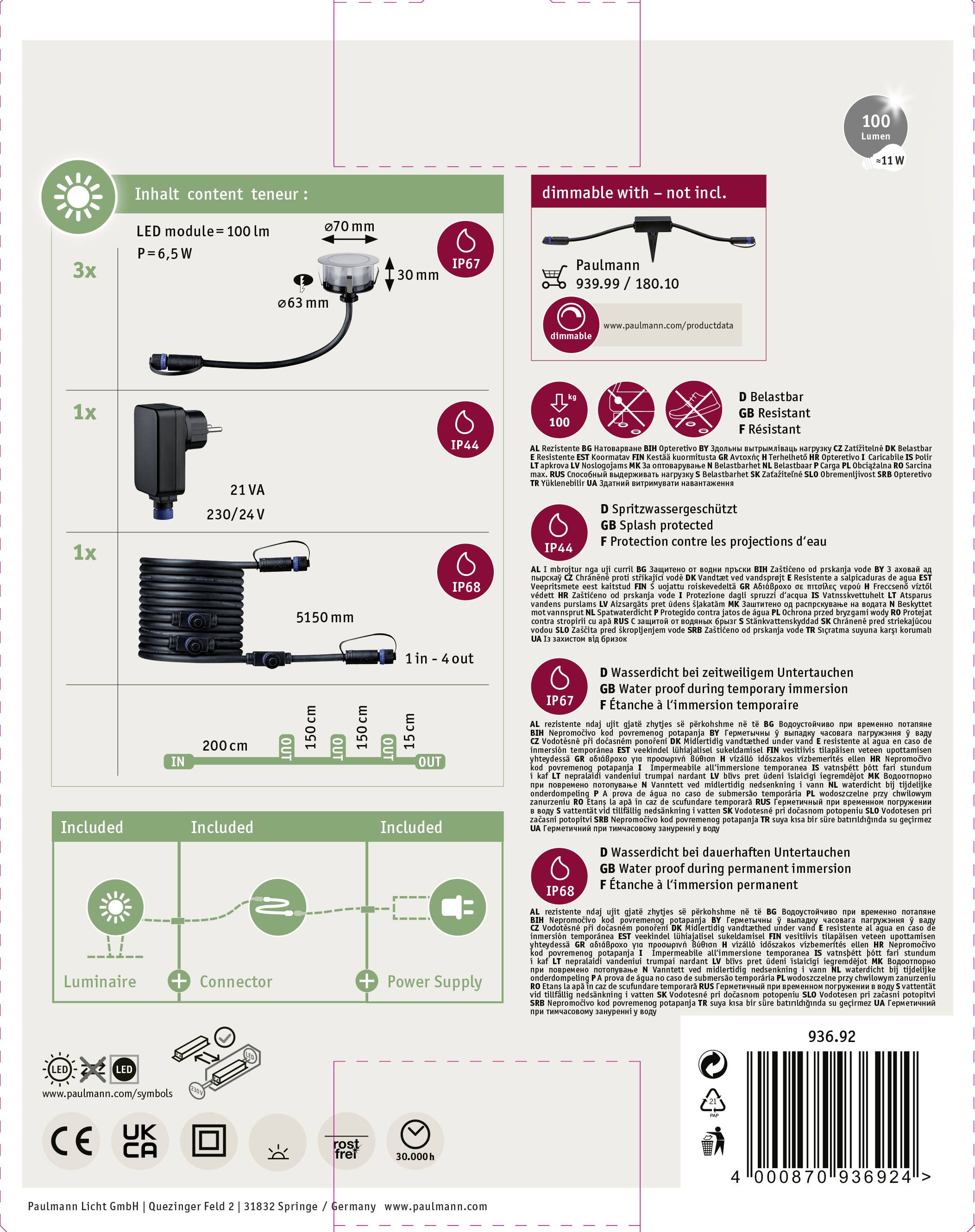 Paulmann 93692 Beleuchtungssystem Plug & Shine LED-Außeneinbauleuchten (Basis-Set) 3er Set LED 3W Warmweiß Silber
