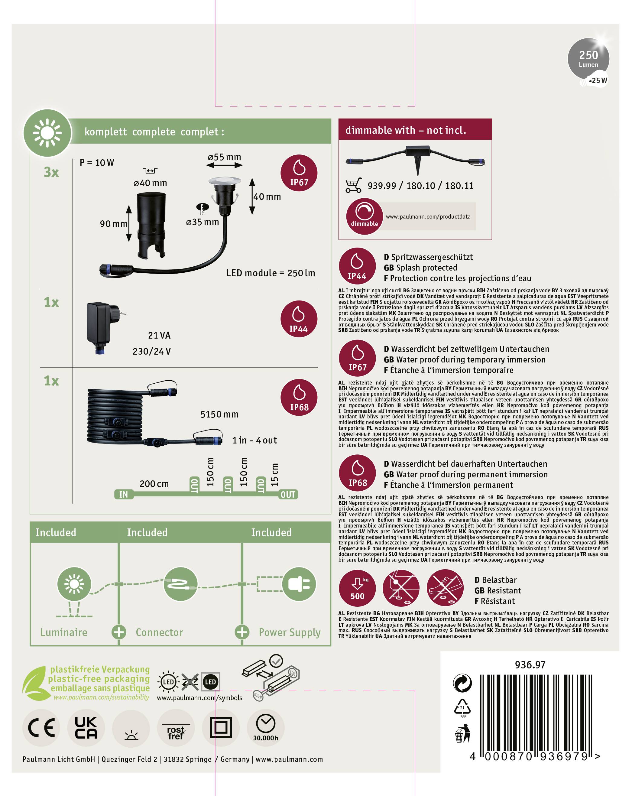 Paulmann 93697 Beleuchtungssystem Plug & Shine LED-Außeneinbauleuchten (Basis-Set) 3er Set LED 7.5W Warmweiß Silber