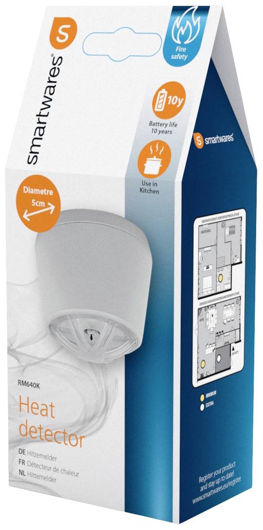 Wärmemelder-Verpackung von Smartwares. Zeigt ein Bild des Produkts, betont Einsatz in Küchen, 5 cm Durchmesser, 10 Jahre Batterie.
