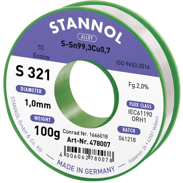 Stannol S321 2,0% 1,0MM SN99,3CU0,7CD 100G Lötzinn, bleifrei bleifrei, Spule Sn99,3Cu0,7 ORH1 100 g