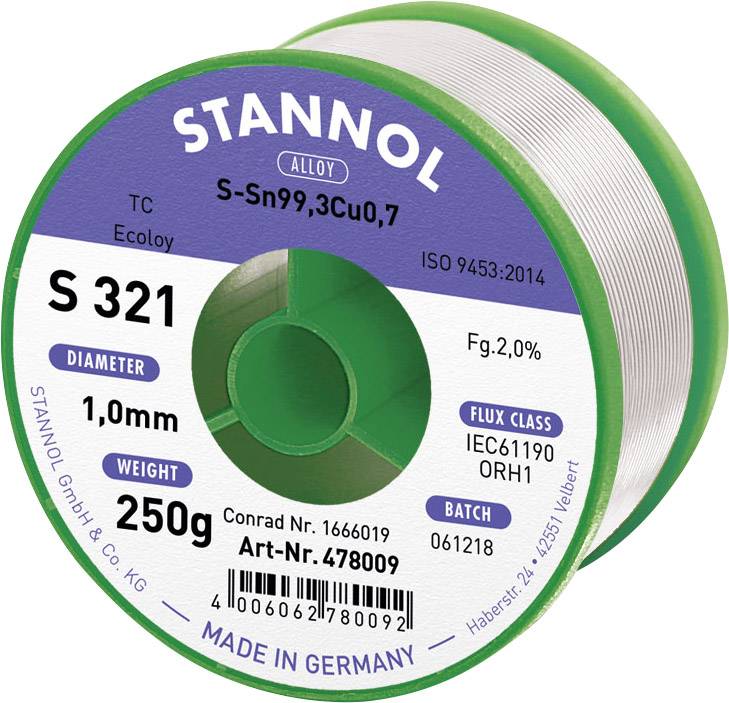 Stannol S321 2,0% 1,0MM SN99CU0,7CD 250G Lötzinn, bleifrei bleifrei, Spule Sn99,3Cu0,7 ORH1 250 g 1