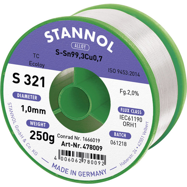 Stannol S321 2,0% 1,0MM SN99CU0,7CD 250G Étain à souder sans plomb sans plomb, bobine Sn99,3Cu0,7 ORH1 250 g 1 mm