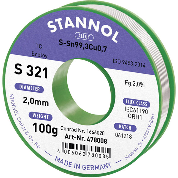 Stannol S321 2,0% 2,0MM SN99,3CU0,7 CD 100G Lötzinn, bleifrei bleifrei, Spule Sn99,3Cu0,7 ORH1 100