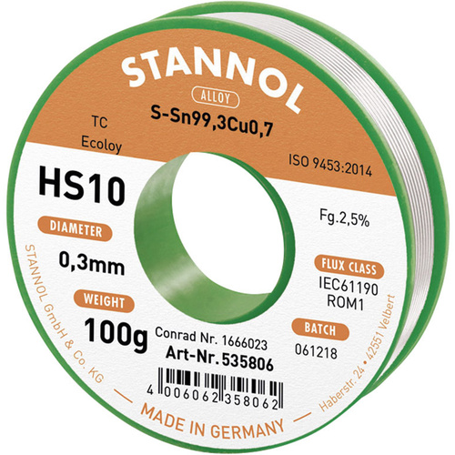 Stannol HS10 2,5% 0,3MM SN99,3CU0,7 CD 100G Lötzinn, bleifrei bleifrei, Spule Sn99,3Cu0,7 ROM1 100