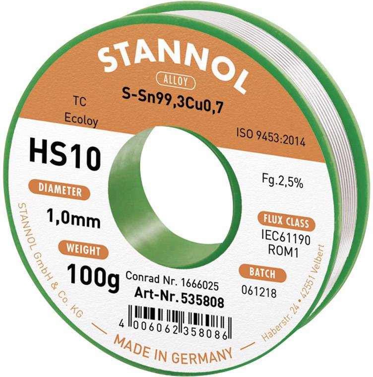 Stannol HS10 2,5% 1,0MM SN99,3CU0,7 CD 100G Lötzinn, bleifrei bleifrei, Spule Sn99,3Cu0,7 ROM1 100