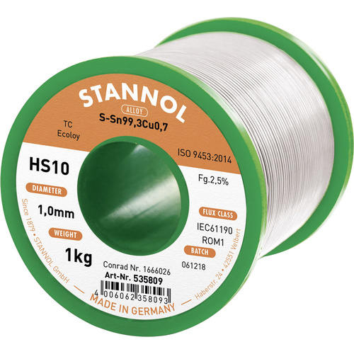 Stannol HS10 2,5% 1,0MM SN99,3CU0,7 CD 1000G Lötzinn, bleifrei bleifrei, Spule Sn99,3Cu0,7 ROM1 100