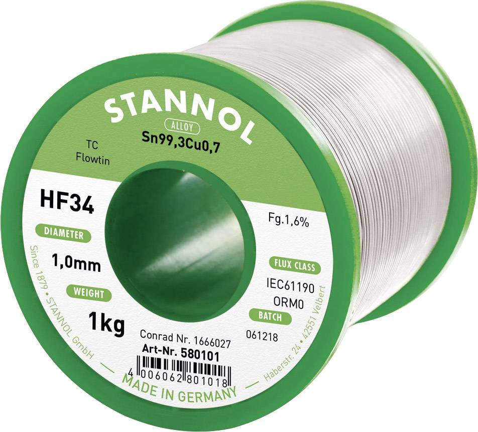 Stannol HF34 1,6% 1,0MM FLOWTIN TC CD 1000G Lötzinn, bleifrei Spule, bleifrei Sn99,3Cu0,7 ORM0 1000