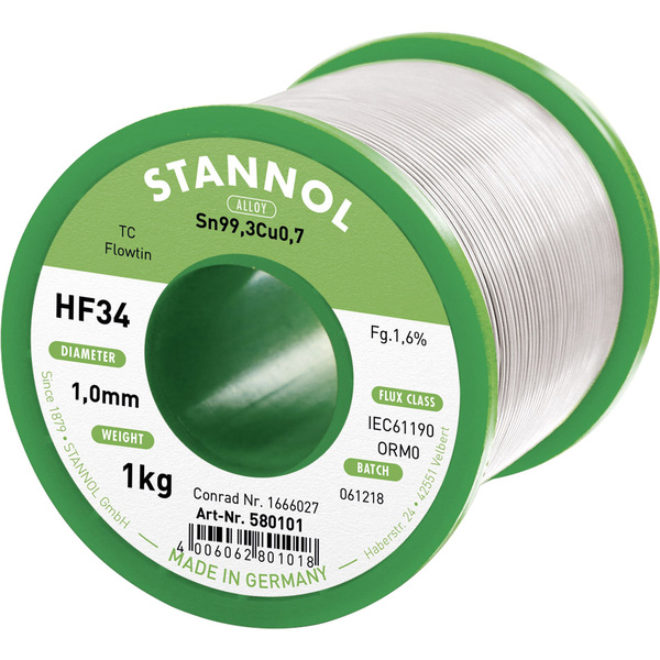 Stannol HF34 1,6% 1,0MM FLOWTIN TC CD 1000G Lötzinn, bleifrei Spule, bleifrei Sn99,3Cu0,7 ORM0 1000g 1mm