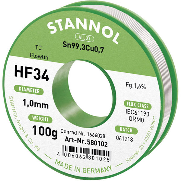 Stannol HF34 1,6% 1,0MM FLOWTIN TC CD 100G Étain à souder sans plomb bobine, sans plomb Sn99,3Cu0,7 ORM0 100 g 1 mm