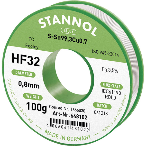 Stannol HF32 3,5% 0,8MM SN99,3CU0,7 CD 100G Étain à souder sans plomb sans plomb, bobine Sn99,3Cu0,7 ROL0 100 g 0.8 mm
