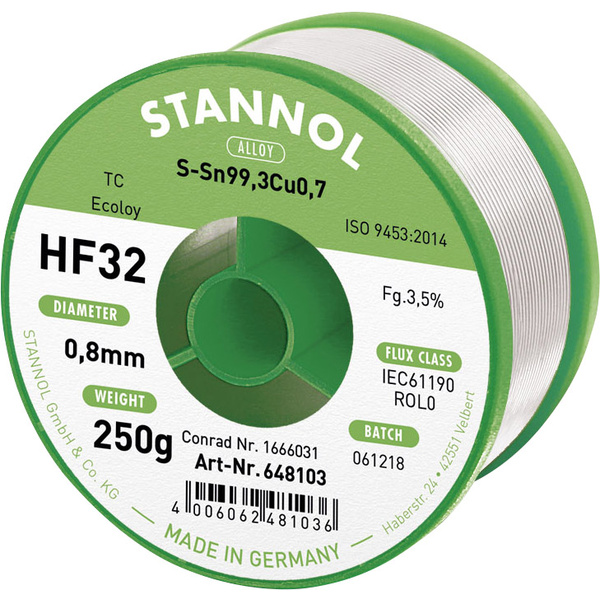 Stannol HF32 3,5% 0,8MM SN99CU0,7 CD 250G Lötzinn, bleifrei bleifrei Sn99,3Cu0,7 ROL0 250 g 0.8 mm
