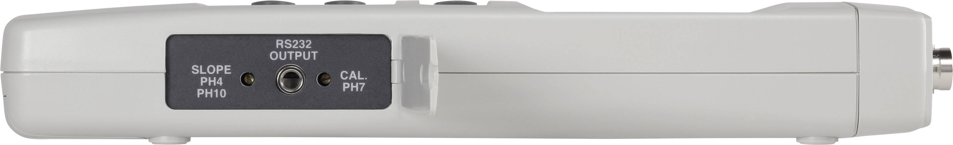 Rückseite eines elektrischen Geräts mit RS-232-Ausgangsanschluss und den Beschriftungen 'SLOPE PIN: PH10' und 'CAL PIN'.