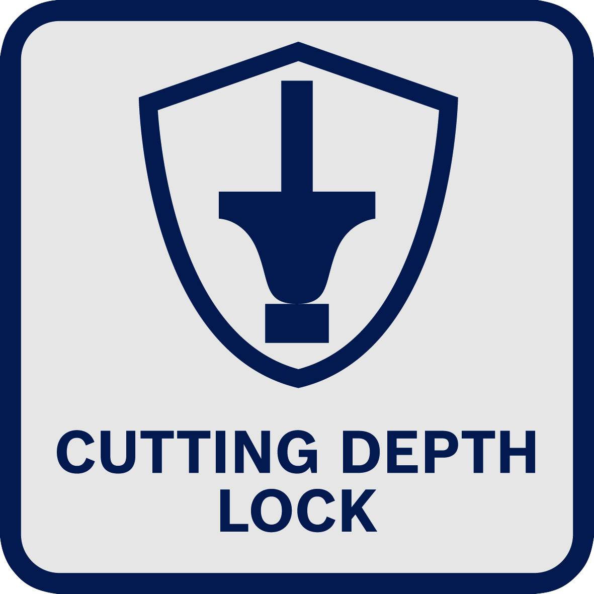 Schild mit einem Symbol eines Verriegelungsmechanismus und der Aufschrift 'CUTTING DEPTH LOCK', zeigt die Funktion zur Schnitttiefenverriegelung an.