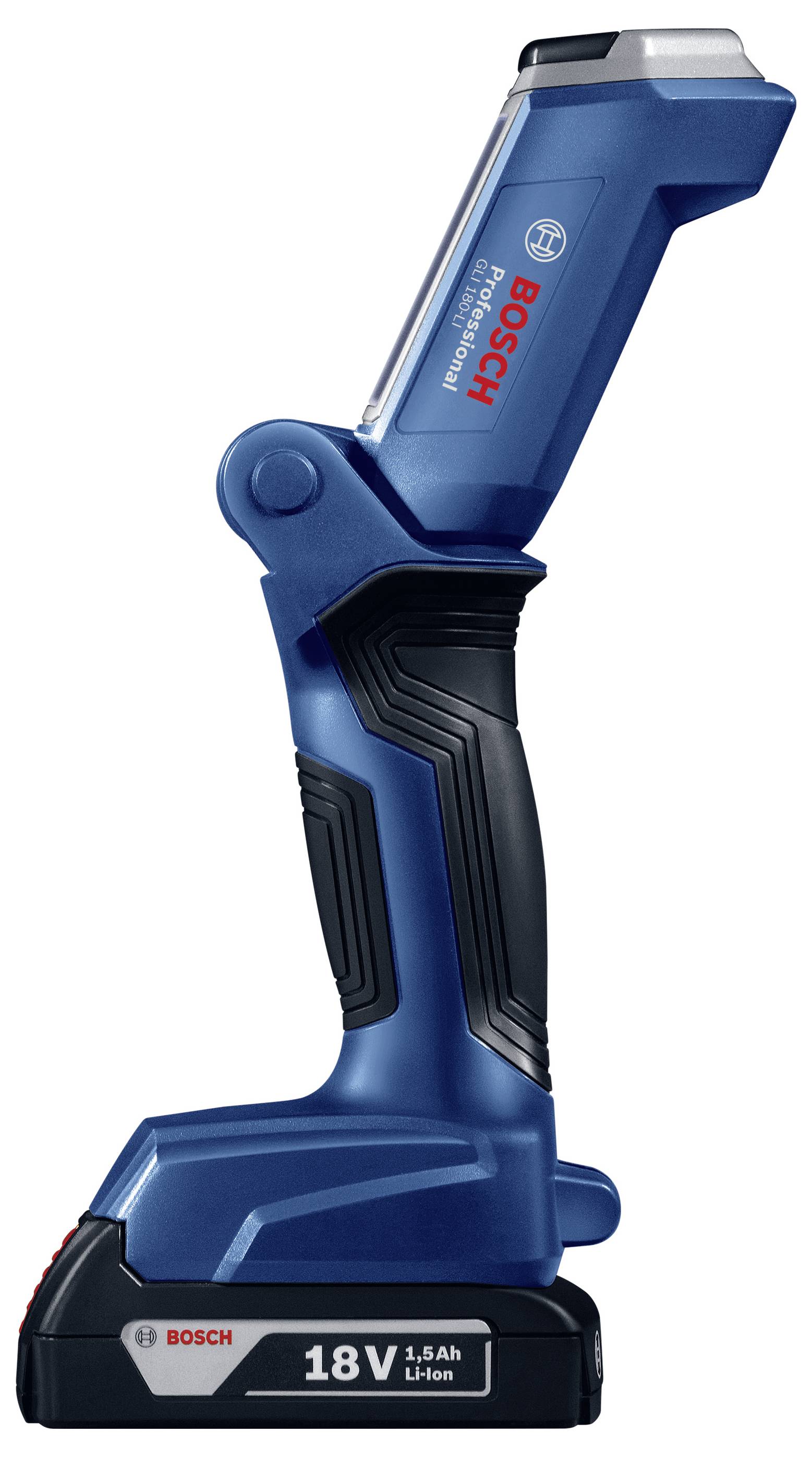 Ein blauer, akkubetriebener Bosch 18V Li-Ion Arbeitsstrahler mit ergonomischem Griff, geeignet für den Einsatz bei Bau- und Heimwerkerarbeiten.