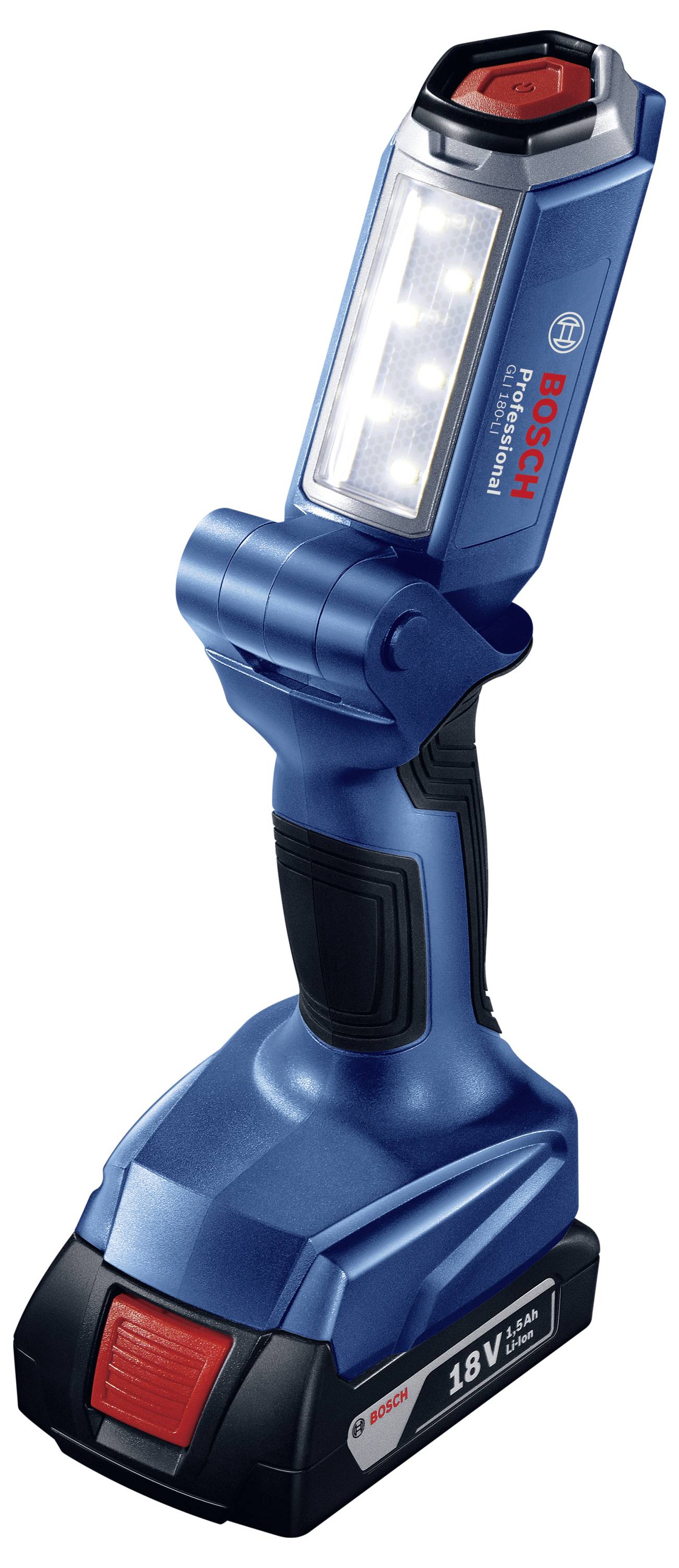 Akkubetriebene LED-Arbeitsleuchte mit blauem Gehäuse und schwarzem Griff, geeignet für das Ausleuchten von Arbeitsbereichen.
