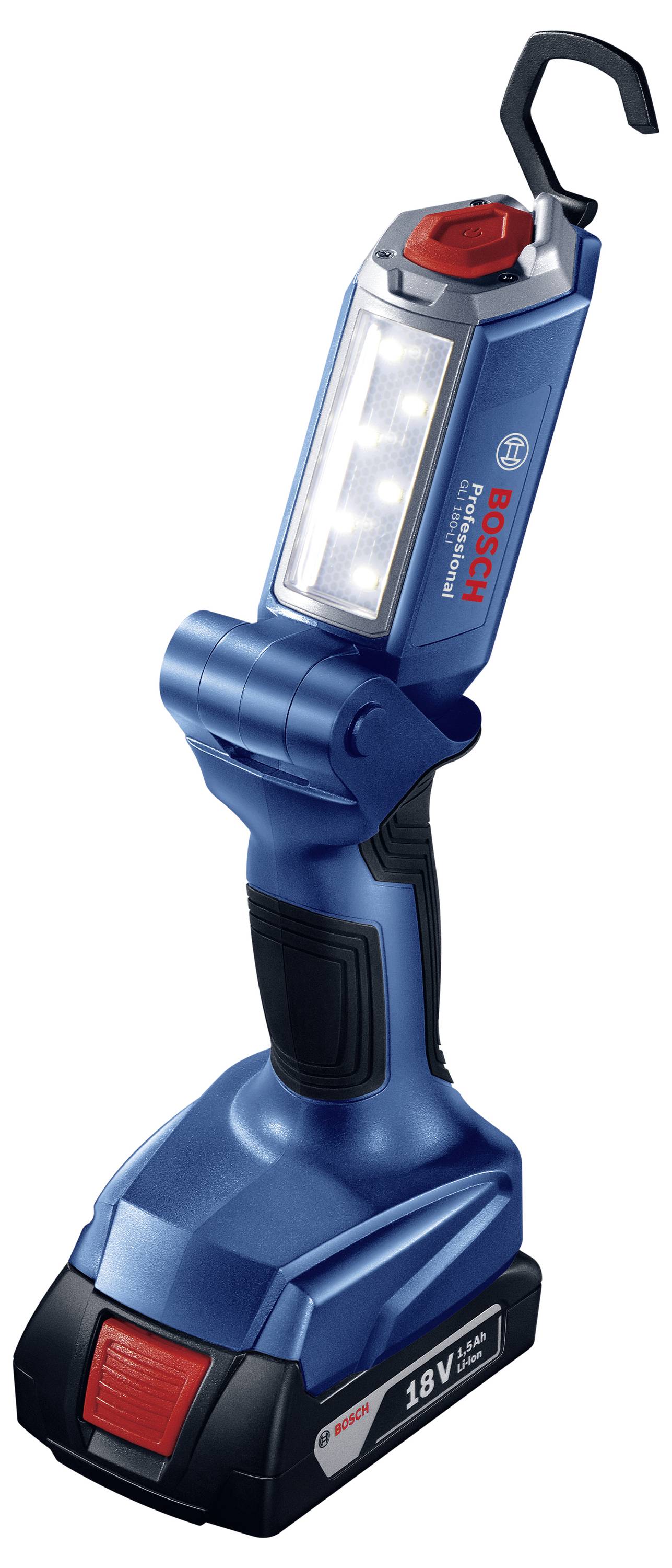 Akku-Arbeitsleuchte von Bosch mit blauem Gehäuse, klappbarem LED-Licht und 18V-Akku. Ideal für flexible Beleuchtung bei Arbeiten.