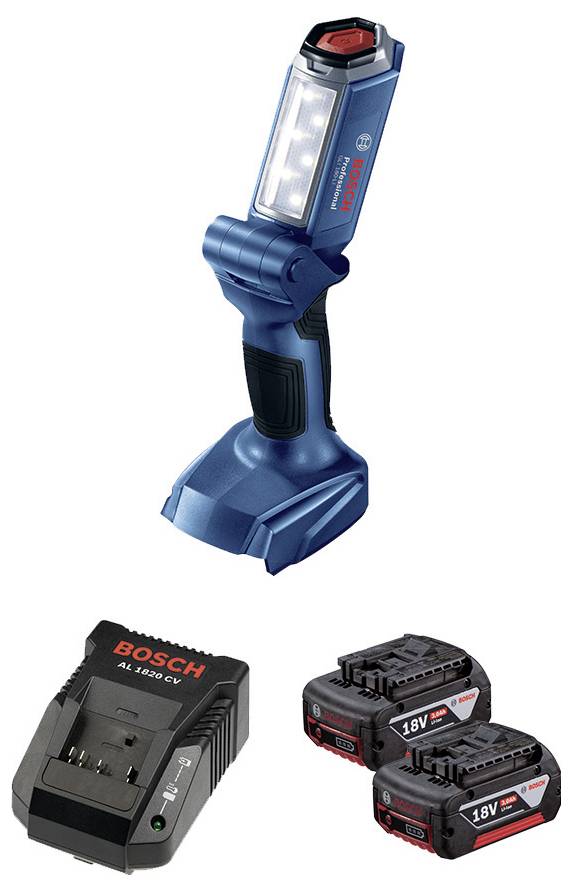 Blaue Bosch-Akku-Arbeitsleuchte mit LED, begleitet von einem Bosch-Ladegerät und zwei 18V-Akkus.