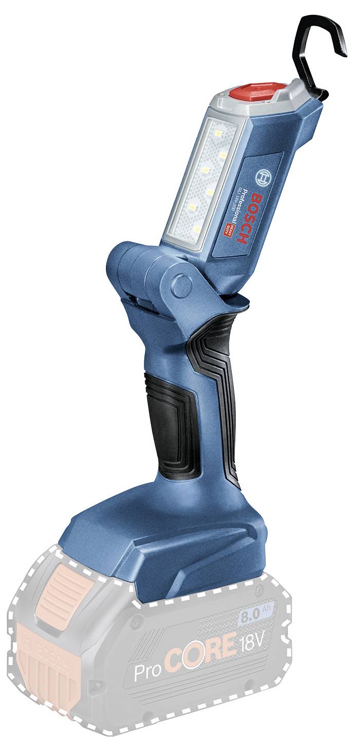 Blaue LED-Arbeitsleuchte mit verstellbarem Kopf und Haken, geeignet für Akkubetrieb. Markenlogo oben und Akku schemenhaft dargestellt.