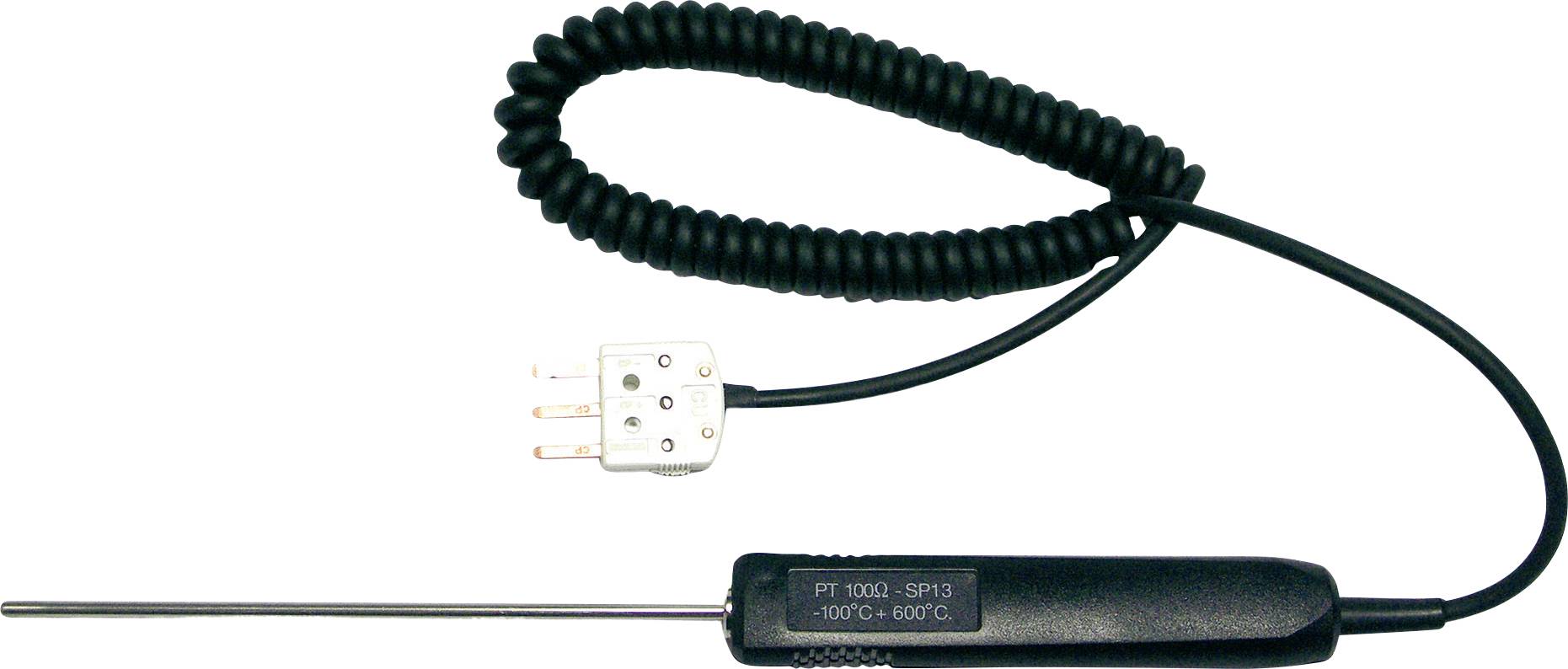 Temperaturfühler mit spiralförmigem Kabel und Stecker. Skala von -100°C bis 600°C auf der Sonde angegeben.