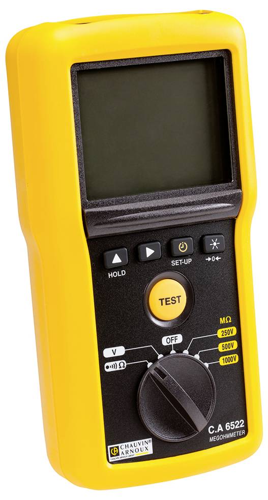 Digitales Isolationsmessgerät mit gelbem Gehäuse und großem Display, Drehschalter zur Einstellung der Spannung bis 1000 V.