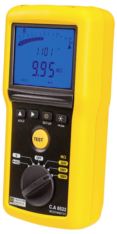 Gelbes digitales Megohmmeter mit großem Display, zeigt '9.95 MΩ'. Es gibt Tasten für verschiedene Einstellungen und einen Drehschalter für den Messmodus.