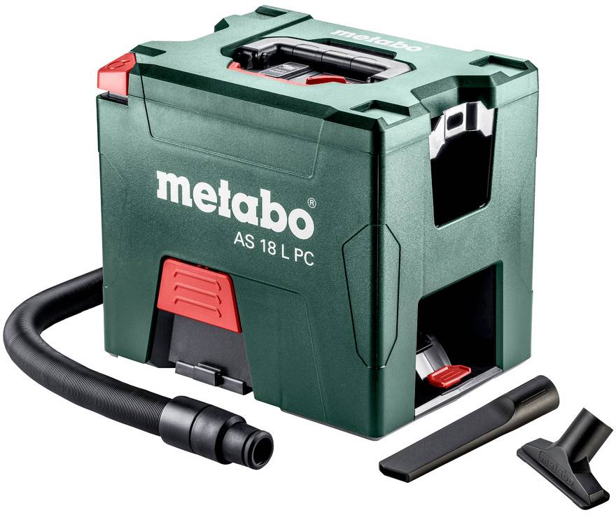 Metabo AS 18 L PC Akku-Staubsauger mit Schlauch, Verlängerungsrohren und Bodendüse auf weißem Hintergrund.